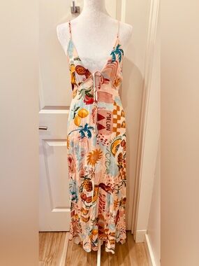 NWT paper heart Tropical Print Spaghetti Strap Maxi Dress- Peach fruit-L